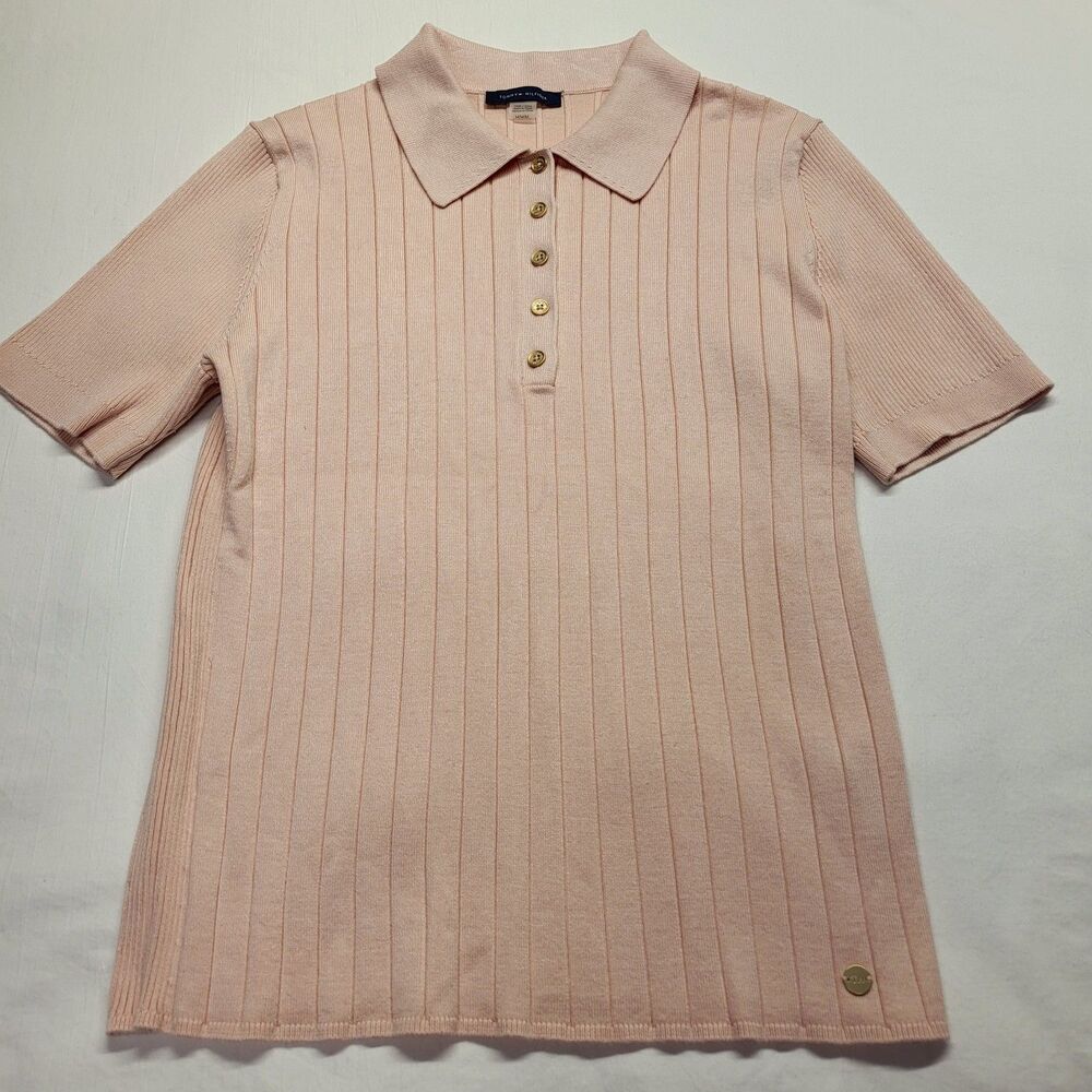 Tommy Hilfiger Women's Pink Ribbed Short Sleeve Polo Sweater MED  Lightweight